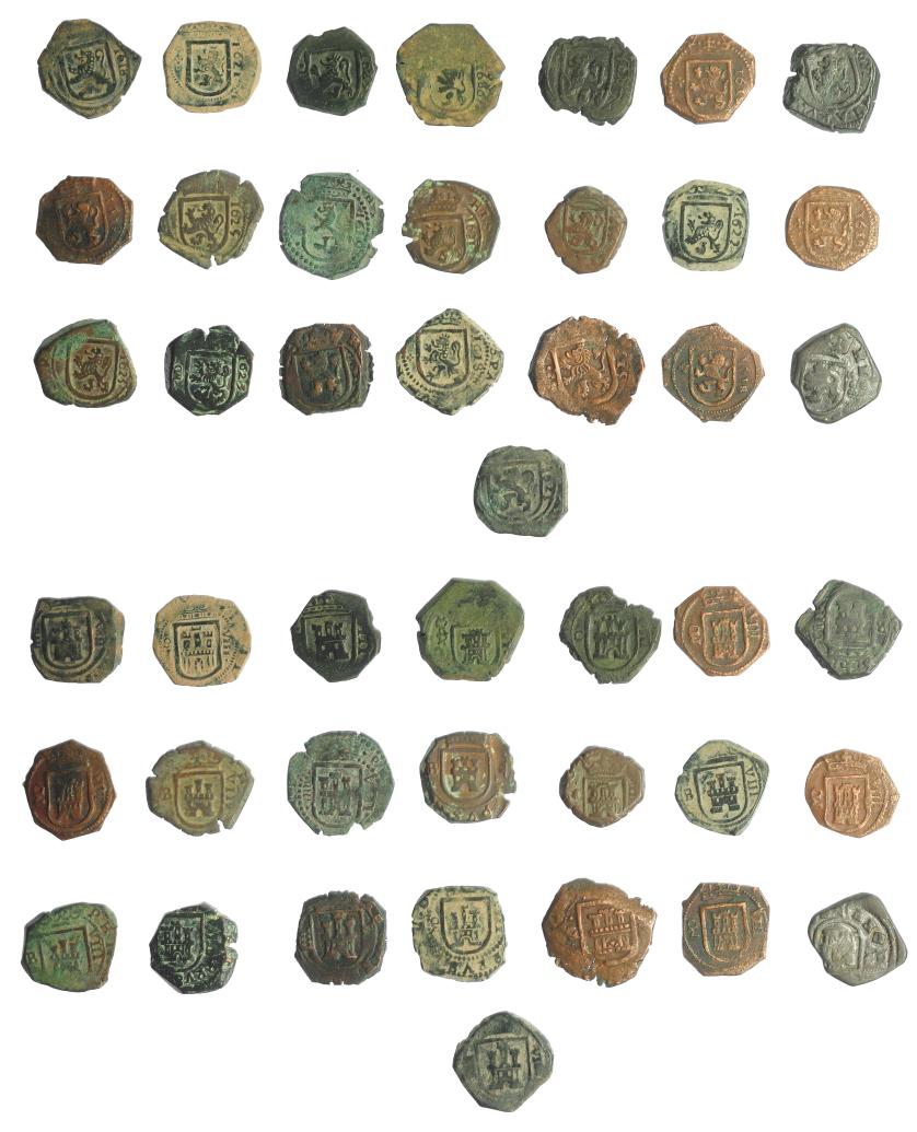 2483   -  FELIPE IV. Lote de 22 monedas de 8 maravedís: Burgos, Coruña, Cuenca, Madrid, Segovia, Trujillo y Valladolid. Felipe III (7), Felipe IV (12) y Carlos II (3). BC+/MBC-.