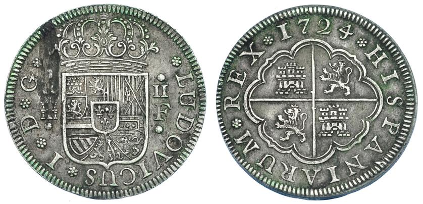 2554   -  LUIS I. 2 reales. 1724. Segovia. F. VI-22. Hoja en anv. MBC+.
