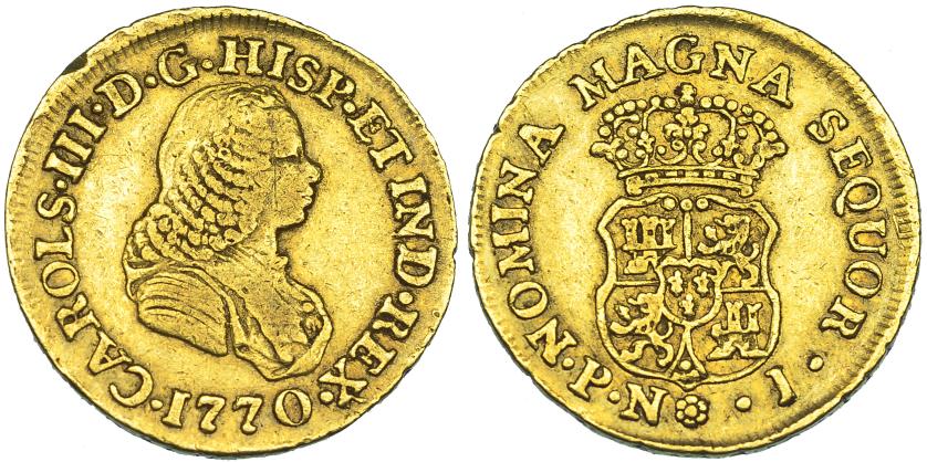 2567   -  CARLOS III. 2 escudos. 1770. Popayán. J. VI-1369. Golpecito en gráfila. MBC-. Rara.