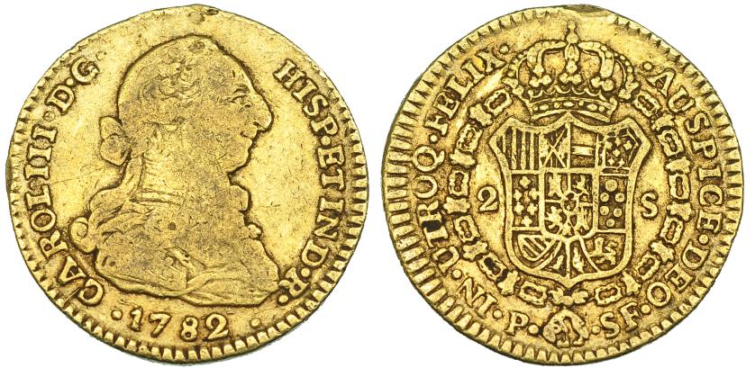 2568   -  CARLOS III. 2 escudos. 1782. Popayán. SF. VI-1381. Golpecitos en anv. BC+/MBC-. 