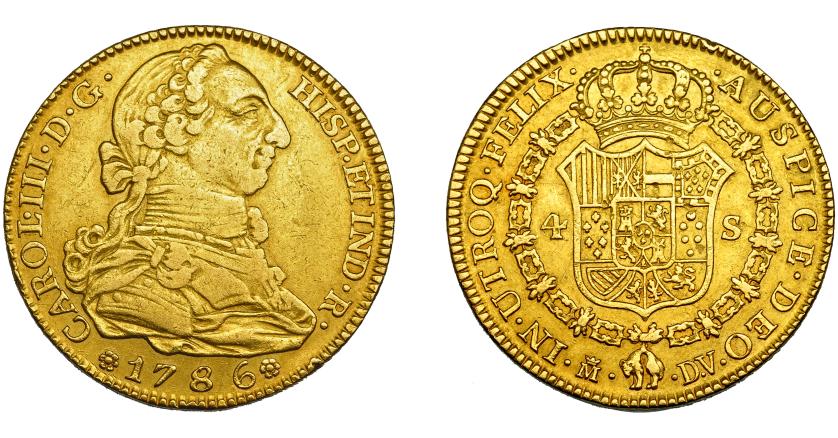2569   -  CARLOS III. 4 escudos. 1786. Madrid. DV. VI-1470. MBC/MBC+. Ex col. "Chicho" Ibáñez Serrador. 