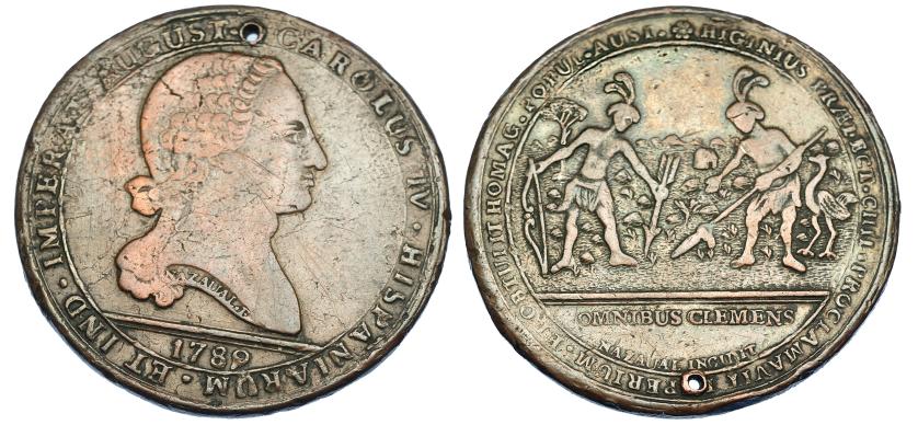 2571   -  CARLOS IV. Medalla de Proclamación. 1789. Chile. Grabador: Nazaval. AE 43,5 mm. H-130 vte. Finas rayas y agujero. MBC-.