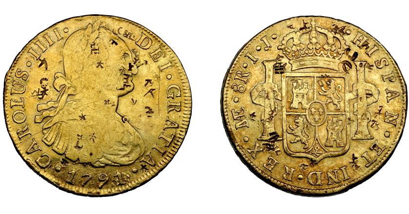 2572   -  CARLOS IV. 8 reales. 1791. Lima. IJ. VI-753.  Sobredorada y con resellos chinos. BC+/MBC. Escasa.
