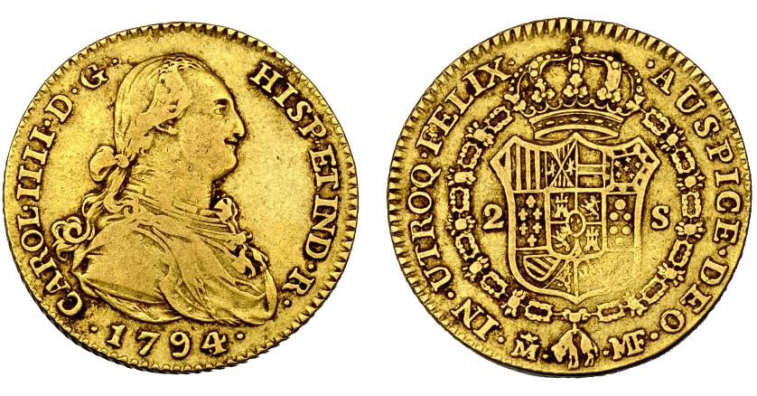 2576   -  CARLOS IV. 2 escudos. 1794. Madrid. MF. VI-1043. Vano en rev. MBC-.