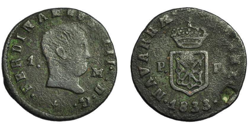 2580   -  FERNANDO VII. Maravedí. 1833. Pamplona. VI-120. Golpe en rev. BC+.