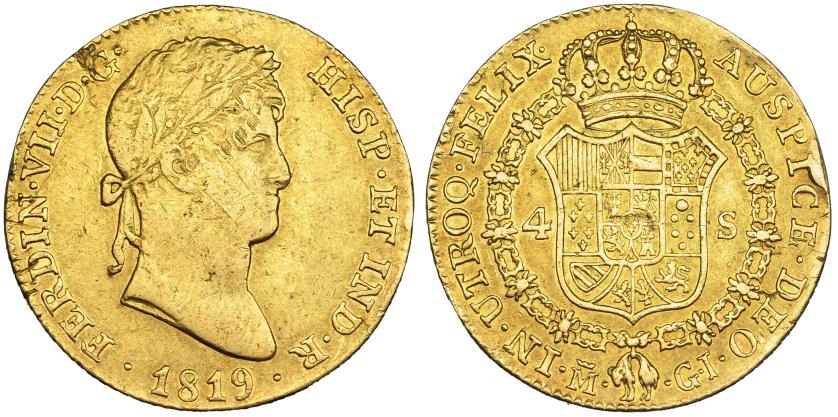 2583   -  FERNANDO VII. 4 escudos. 1819. Madrid. GJ. VI-1424. Hojitas, golpecitos y soldaduras limadas en canto. MBC. Muy escasa. Ex col. "Chicho" Ibáñez Serrador. 