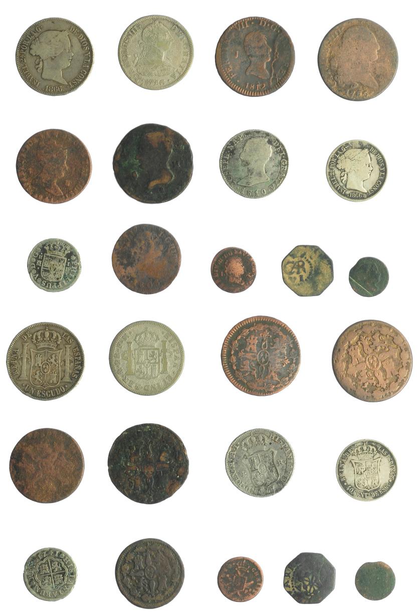 2585   -  ISABEL II. Lote de 13 monedas: Felipe V (1), Carlos III (3), Carlos IV (1), José Napoleón (2), Fernando VII (2), Isabel II (4). De MC a MBC-.