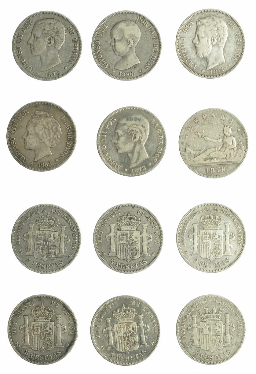 2592   -  ALFONSO XII. Lote de 6 monedas de 5 ptas.: Amadeo I (1), Gobierno Provisional (1), Alfonso XII (2) y Alfonso XIII (2). Calidad media MBC-.