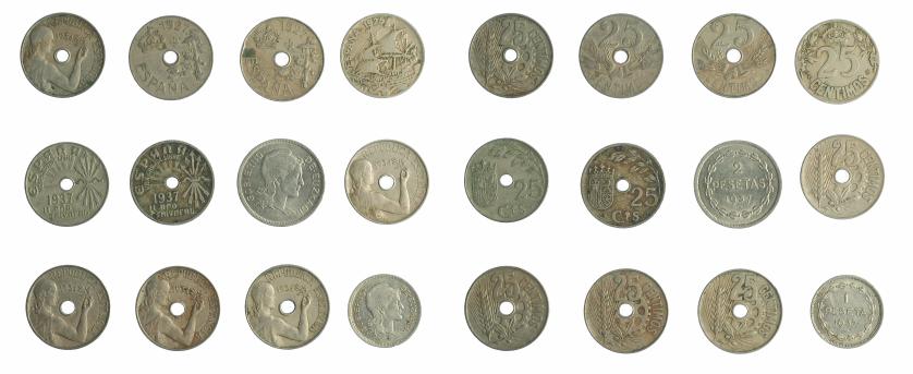 2599   -  II REPÚBLICA. Lote de 12 monedas: 25 céntimos (10: 1925, 1927, 1934 y 1937), 1 y 2 pesetas de Euzkadi. Calidad media MBC.