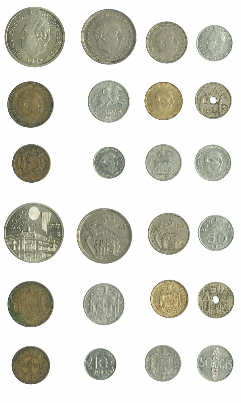 2600   -  FRANCISO FRANCO. Lote de 12 monedas de Francisco Franco y Juan Carlos I, incluyendo una de 2000 ptas. De MBC- a SC.