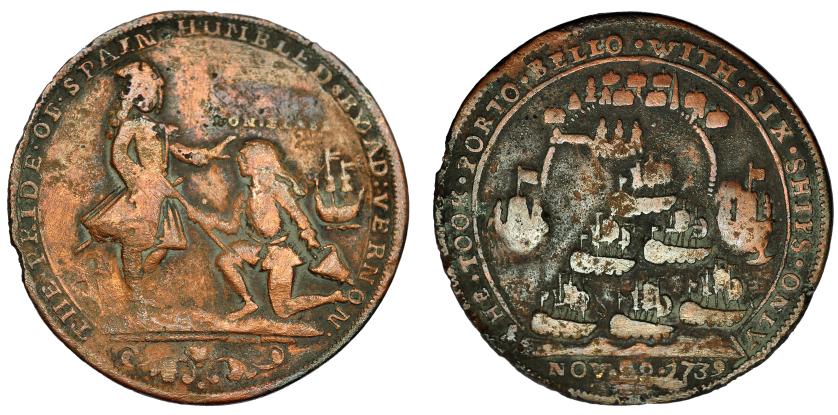 2628   -  MONEDA EXTRANJERA. GRAN BRETAÑA. Medalla. Almirante Vernon. 22 de noviembre de 1739. Toma de Portobello. Don Blas arrodillado. 37,5 mm.  BC+.