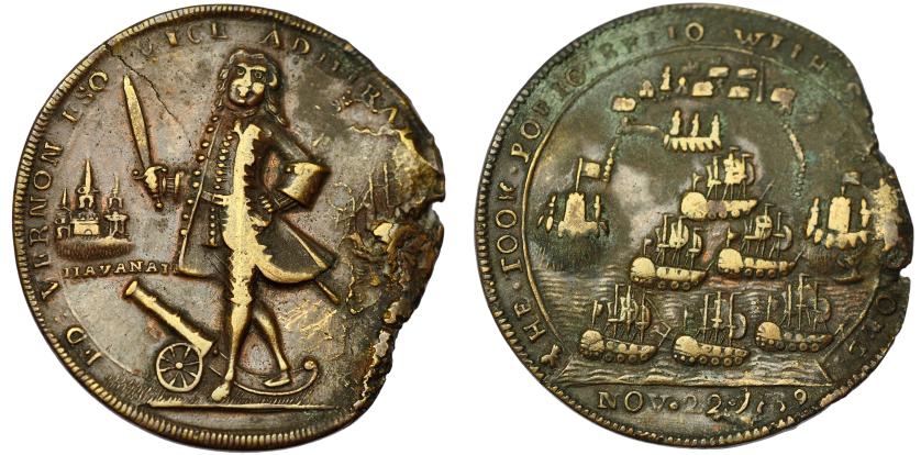 2629   -  MONEDA EXTRANJERA. GRAN BRETAÑA. Medalla. Almirante Vernon. 22 de noviembre de 1739. Toma de Portobello. 37,2 mm.  Roturas al borde. MBC-.