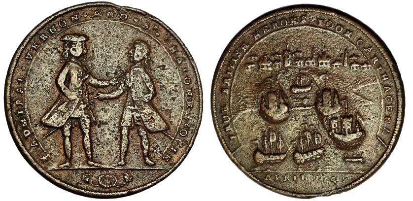 2630   -  MONEDA EXTRANJERA. GRAN BRETAÑA. Medalla. Almirante Vernon y sir Chaloner Ogle. Abril de 1741. Toma de Cartagena. 37,7 mm.  MBC-.