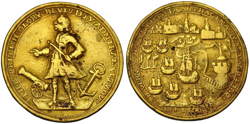 2631   -  MONEDA EXTRANJERA. GRAN BRETAÑA. Medalla. Almirante Vernon. Abril de 1741. Toma de Cartagena. 38 mm.  Sobredorada. MBC-.