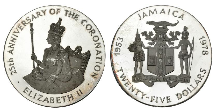 2637   -  MONEDA EXTRANJERA. JAMAICA. 25 dólares. 1978. 25 Aniversario de la Coronación. AR 136,09 g. KM-76. Prueba.