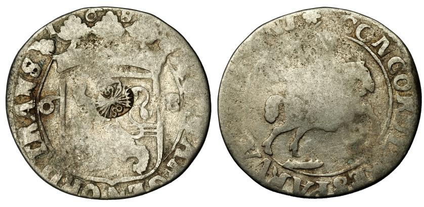 2639   -  MONEDA EXTRANJERA. PAÍSES BAJOS. 6 stuiver con resello yugo con 7 flechas. AR 3,91 g. 26,6 mm. El resello MBC.