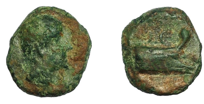 2083   -  HISPANIA ANTIGUA. ARSE-SAGUNTUM. ¿Sexto? A/ Cabeza masculina a der. R/ Proa a der. AE 0,7 g. 8,5 mm. I-2074A. ACIP-no. BC+/MBC-. Pátina verde. Muy rara.