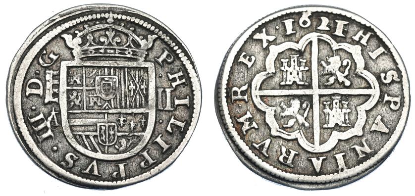 1002   -  FELIPE III. 2 reales. 1621 sobre 14. Segovia. A superada de cruz sobre C. AC-656. MBC/MBC-.