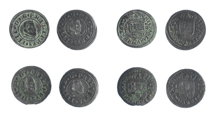 1012   -  FELIPE IV. Lote de 4 monedas de 16 maravedís: 1662 (2), 1663 y 64, todas con ensayador BR. MBC-/MBC.