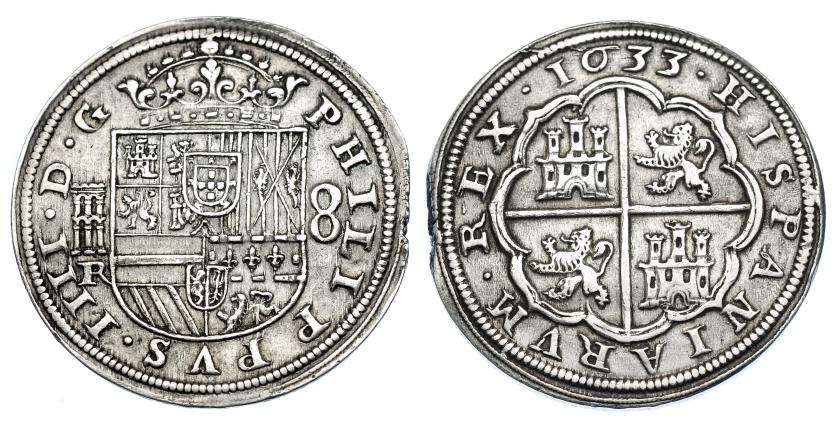 1034   -  FELIPE IV. 8 reales. 1633. Segovia. R. AC-1603. Levísimo final de plancha. MBC+. Muy escasa.