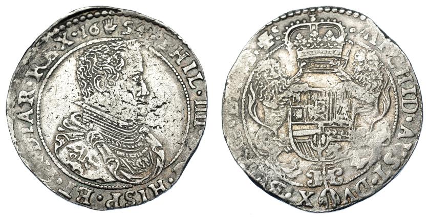 1040   -  FELIPE IV. 1/2 ducatón. 1654. Amberes. KM-73.1. Ligera plata agria. MBC.