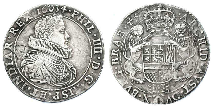 1042   -  FELIPE IV. Ducatón. 1634. Amberes. DEL-274. DAV-4444. Ligera plata agria y fina raya. MBC.