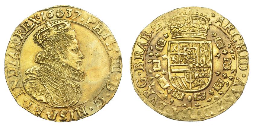 1045   -  FELIPE IV. Doble soberano. 1637. Amberes. DEL-169 (oro). Leve doble acuñación en anv. MBC+. Muy escasa.