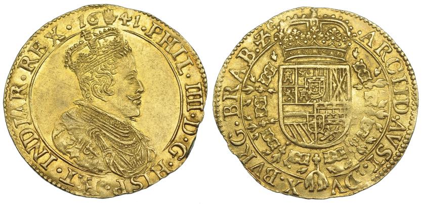 1046   -  FELIPE IV. Doble soberano. 1641. Amberes. DEL-169 (oro). R.B.O. EBC/MBC+. Rara en esta conservación.