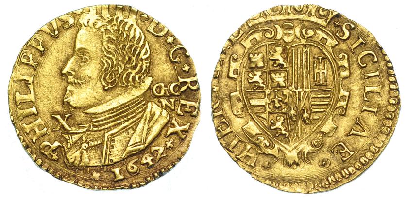 1047   -  FELIPE IV. Escudo de oro. 1647. Nápoles. GAC/N delante X. PRI-841. Pannuti-Riccio-436. EBC-. 