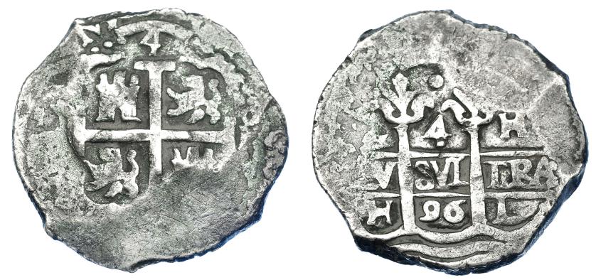 1054   -  CARLOS II. 4 reales. 1696. Lima. H. AC-471. Vanos. BC+/MBC-. Muy escasa.