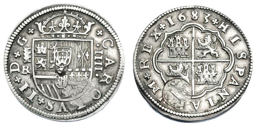 1056   -  CARLOS II. 4 reales. 1683. Segovia. BR. Acueducto de 3 arcos. Con resello GP coronadas en rev. para su circulación en Azores. AC-558 vte. Pequeñas marcas. MBC. Muy rara con este resello.