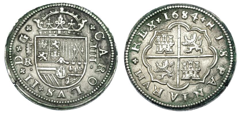 1059   -  CARLOS II. 4 reales. 1684. Segovia. BR. AC-652. Pequeñas grietas. Leves oxidaciones. MBC+. Venta privada en La Lonja del Almidón. Conserva sobre original. 