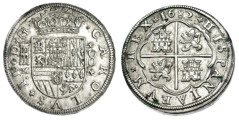 1064   -  CARLOS II. 8 reales. 1682. Segovia. M. Rodillo rectificado CAROLVS sobre PHILIPVS y M sobre BR. AC-763. Leves oxidaciones. EBC. Rara en esta conservación.