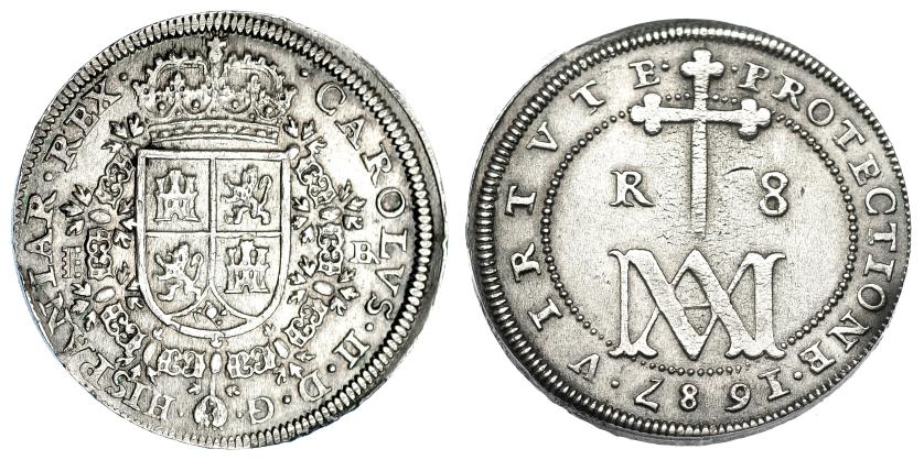 1066   -  CARLOS II. 8 reales. 1687. Segovia. BR. AC-774. Ligera plata agria. EBC-. Muy escasa.