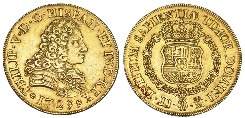 1079   -  FELIPE V. 8 escudos. 1729. Madrid. JJ. Sin valor. VI-1697. MBC+. Muy rara.