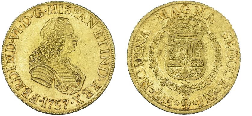 1082   -  FERNANDO VI. 8 escudos. 1757. Lima. JM. VI-589. Pequeñas marcas. MBC+/MBC-. 
