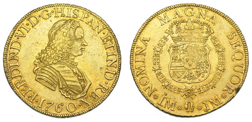 1083   -  FERNANDO VI. 8 escudos. 1760. Lima. JL. VI-592. Pequeñas marcas. Golpecito en gráfila. MBC+/EBC-. 