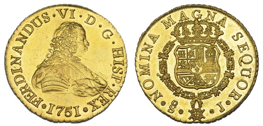 1087   -  FERNANDO VI. 8 escudos. 1751. Santiago J. VI-632. Rayita en rev. Leva acuñación floja en parte del escudo. 