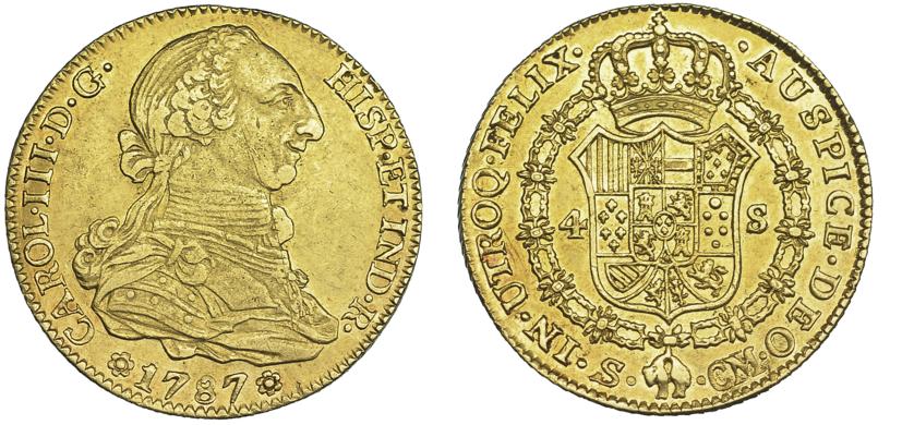 1096   -  CARLOS III. 4 escudos. 1787. Sevilla. CM. VI-1573. finas rayas de acuñación. MBC+/EBC-. Ex col. "Chicho" Ibáñez Serrador. 