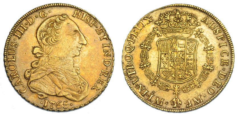 1098   -  CARLOS III. 8 escudos. 1765. Lima. JM. VI-1587. Pequeñas marcas. Pátina irregular. MBC+. Rara.