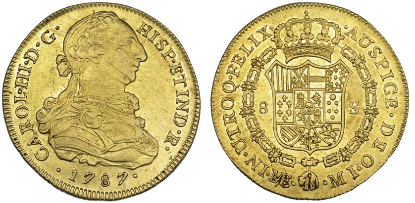 1099   -  CARLOS III. 8 escudos. 1787. Lima. MI. VI-1614. Finas rayas en anv. B.O. MBC+/EBC-. Ex col. "Chicho" Ibáñez Serrador.