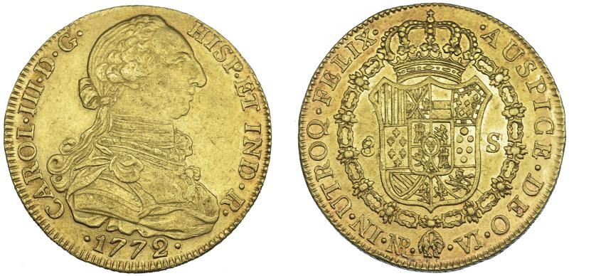 1100   -  CARLOS III. 8 escudos. 1772. Nuevo Reino. 1772. VJ. VI-1682. R.B.O. MBC+/EBC-. Ex col. "Chicho" Ibáñez Serrador. 