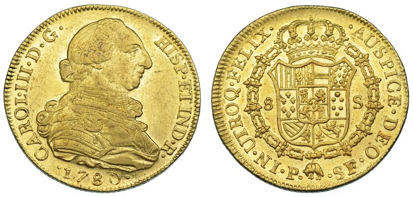 1101   -  CARLOS III. 8 escudos. 1780. Popayán. SF. VI-1719. Pequeñas marcas. B.O. EBC-/EBC.