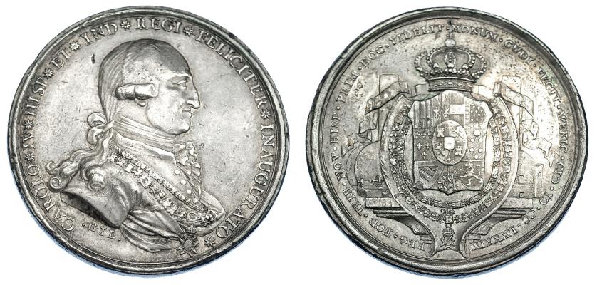 1105   -  CARLOS IV. Medalla de Proclamación. 1789. México. La minería. AG 45 mm. Grabador Gil. H-169. Hojita y pequeñas marcas. MBC. Escasa.