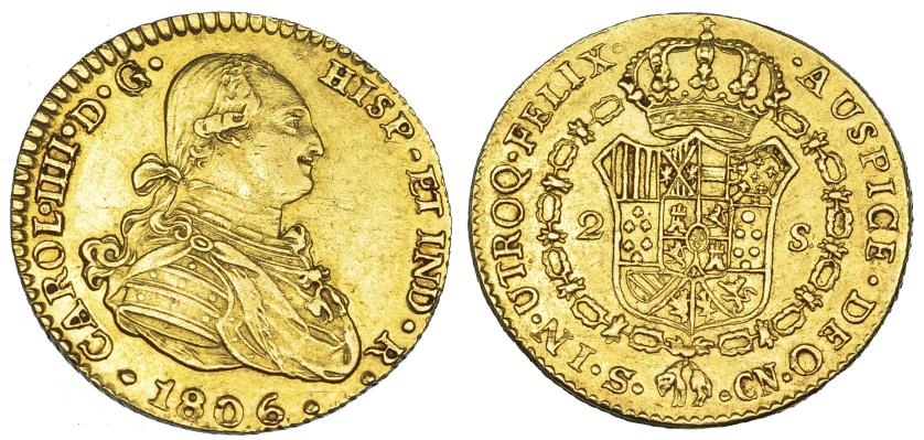 1114   -  CARLOS IV. 2 escudos. 1806. Sevilla. CN. VI-1167. Pequeñas marcas. EBC-.