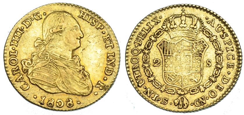 1115   -  CARLOS IV. 2 escudos. 1808. Sevilla. CN. VI-1169. Pequeñas marcas de acuñación. MBC/MBC-. Muy escasa.