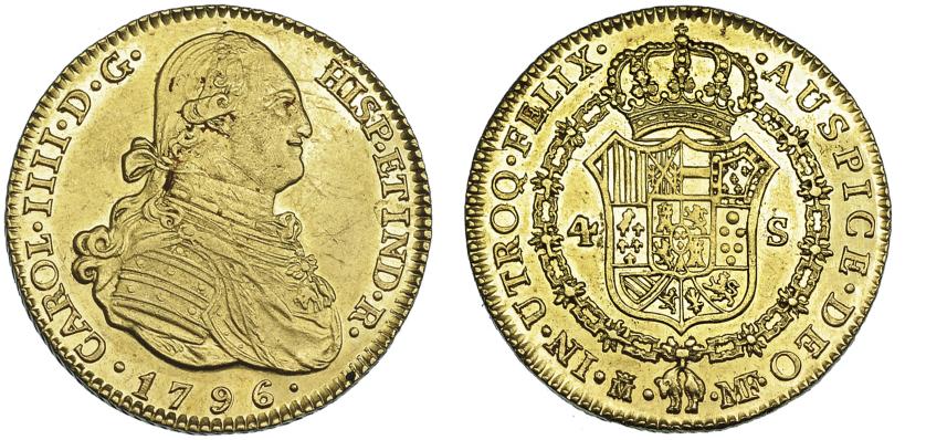1117   -  CARLOS IV. 4 escudos. 1796. Madrid. MF. VI-1199. EBC-/EBC+. Ex col. "Chicho" Ibáñez Serrador.