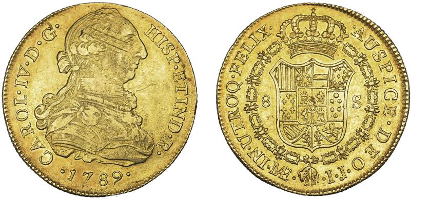 1119   -  CARLOS IV. 8 escudos. 1789. Lima. IJ. VI-1295. Pequeñas marcas y rayitas de ajuste. MBC+/EBC-. Escasa. 