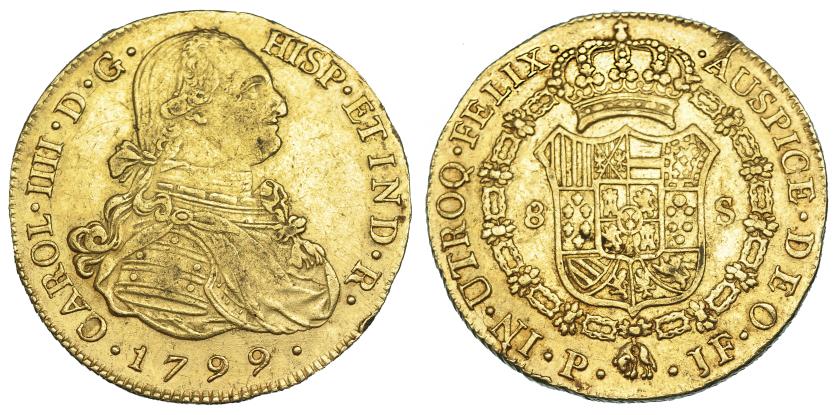 1120   -  CARLOS IV. 8 escudos. 1799. Popayán. JF. VI-1379. golpe y grietas en gráfila y pequeñas marcas. MBC.