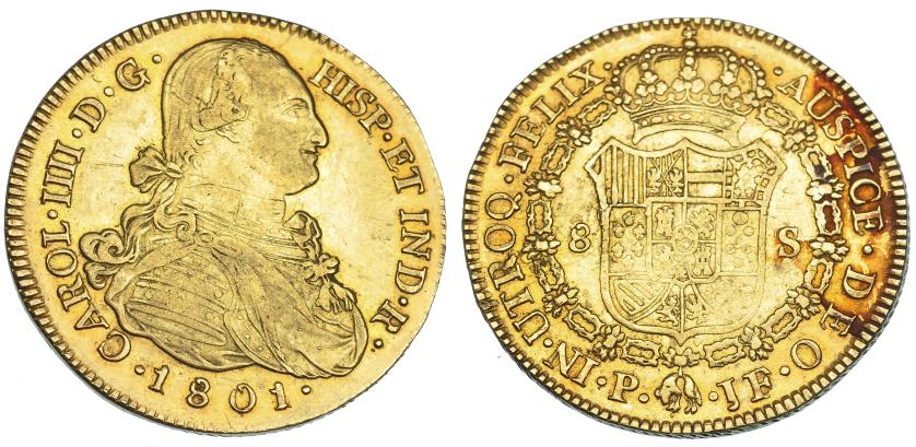 1121   -  CARLOS IV. 1801. 8 escudos. Popayán. JF. VI-1381. MBC-.